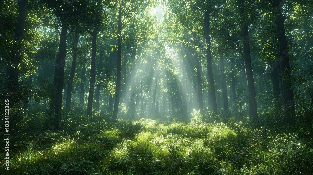 Obraz premium Sunlight beams through dense forest.