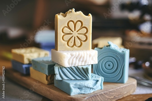 Stacked colorful handmade soap bars on a wooden surface, including yellow, white, and blue bars