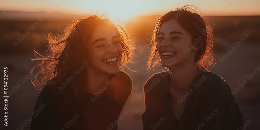 Two women laughing in the sunset. Two women laughing in the sunset.
