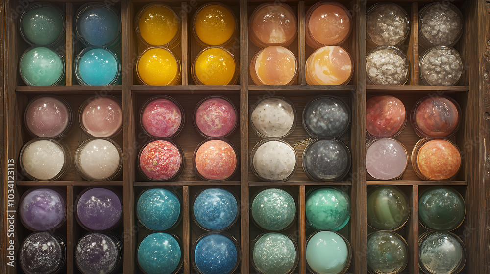 A close-up of colorful, round lozenges in an overhead display case at a Lush cosmetics store A close-up of colorful, round lozenges in an overhead display case at a Lush cosmetics store