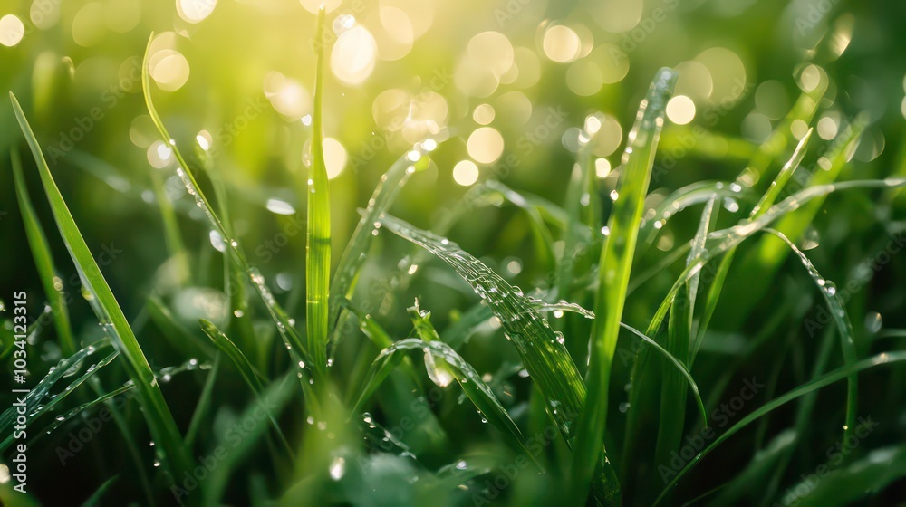 Fototapeta premium Close-up of dew drops on green grass blades with sunlight shining through.