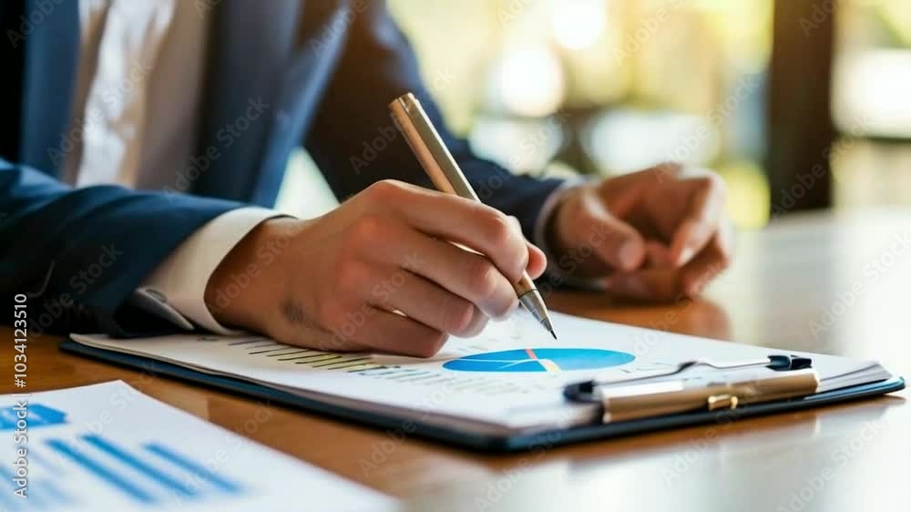A person analyzing a chart and taking notes for business planning. A person analyzing a chart and taking notes for business planning.