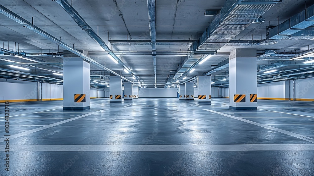 Empty parking garage with industrial lights and clean floors Empty parking garage with industrial lights and clean floors