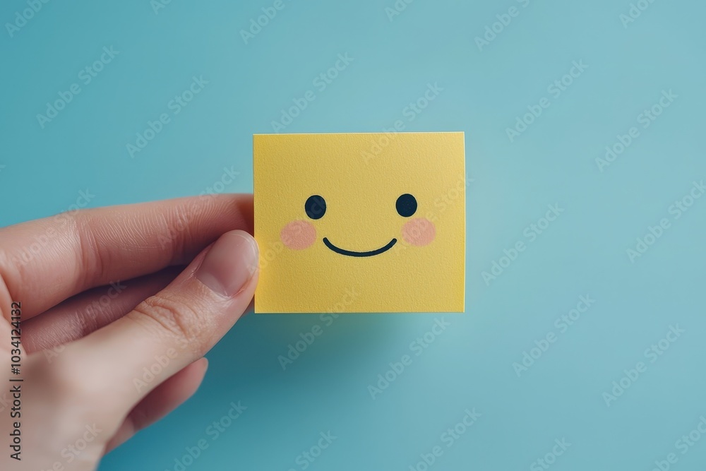 Obraz premium A hand holding a cheerful yellow sticky note with a smiling face against a light blue background indoors during daylight