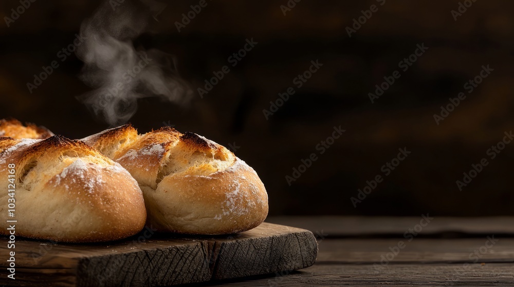 Freshly baked bread rolls with steam rising, presented on a rustic wooden surface, ideal for culinary visuals. Freshly baked bread rolls with steam rising, presented on a rustic wooden surface, ideal for culinary visuals.