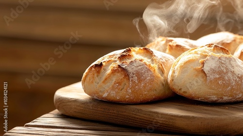 Freshly baked bread rolls steaming on a wooden board, inviting aroma, perfect for culinary delights.