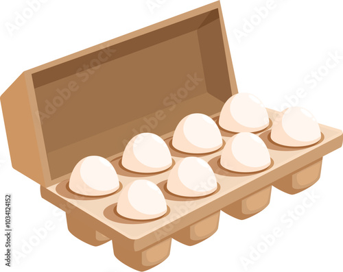 Slightly open cardboard egg box is holding ten white eggs, ready for breakfast