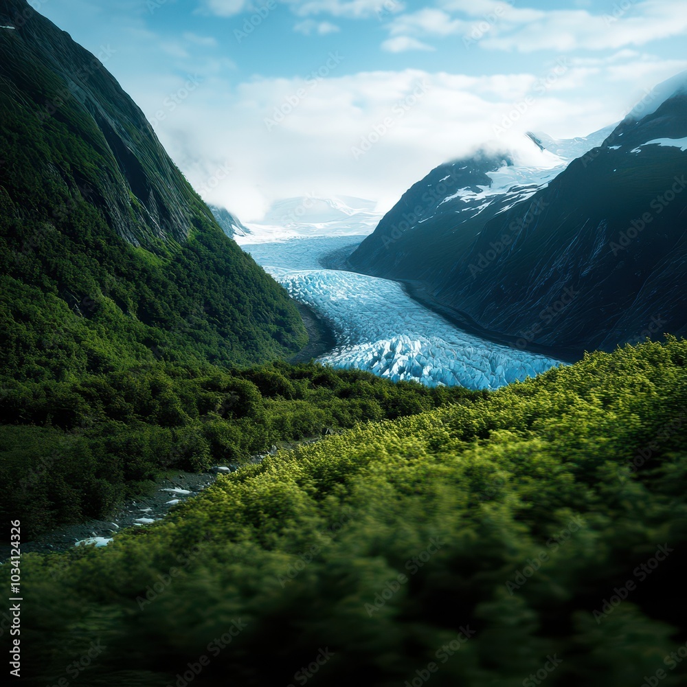 Fototapeta premium Stunning view of a glacier flowing through lush green mountains under a clear blue sky.