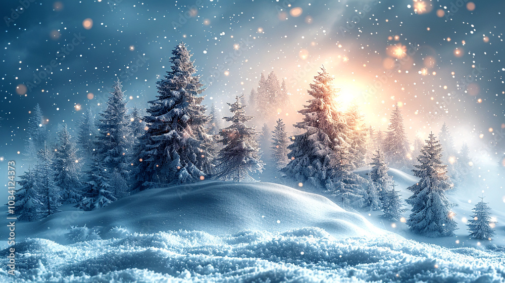 Misty winter sunrise illuminating frosted pines in a tranquil snowy landscape Misty winter sunrise illuminating frosted pines in a tranquil snowy landscape