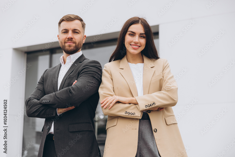 Portrait of a team and partners of a young business man and woman standing outside the office center with crossed arms, smiling and confidently looking at the camera. Portrait of a team and partners of a young business man and woman standing outside the office center with crossed arms, smiling and confidently looking at the camera.