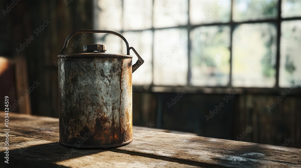Rustic old metal oil can on a wooden table on a sunny day Rustic old metal oil can on a wooden table on a sunny day