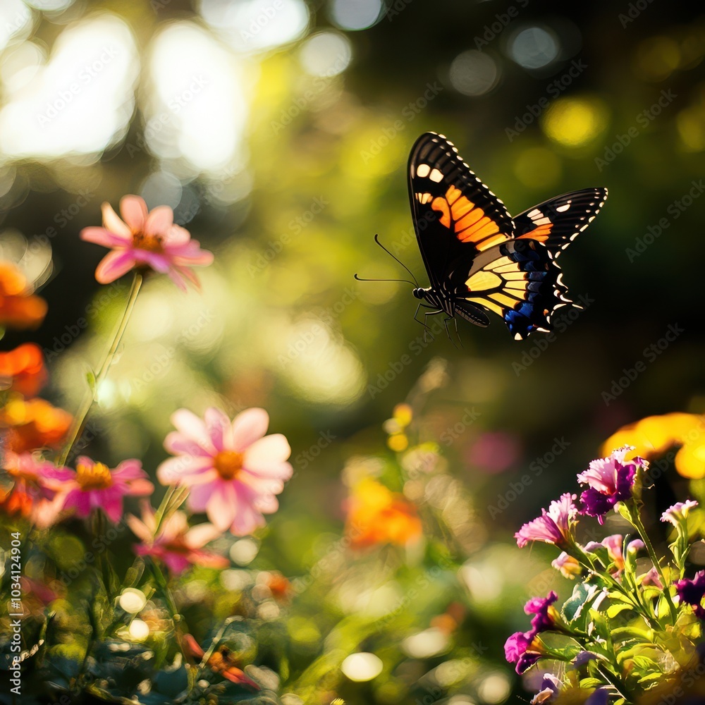 Fototapeta premium Butterfly in flight above colorful flowers, vibrant garden scene.