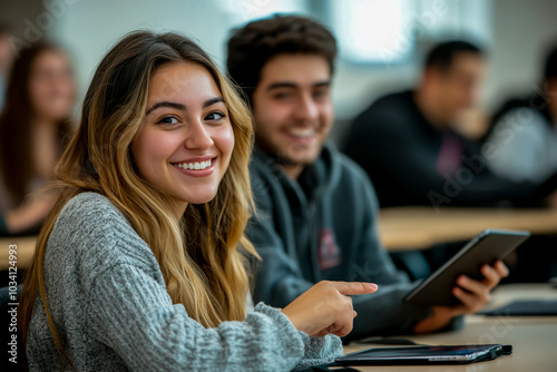 A photo of diverse students in an online class, smiling and engaged with tablets at their desks.