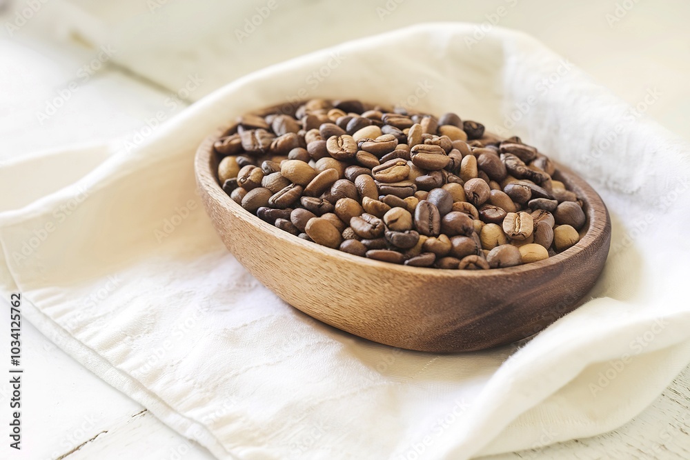 A wooden bowl filled with roasted coffee beans isolated on white background