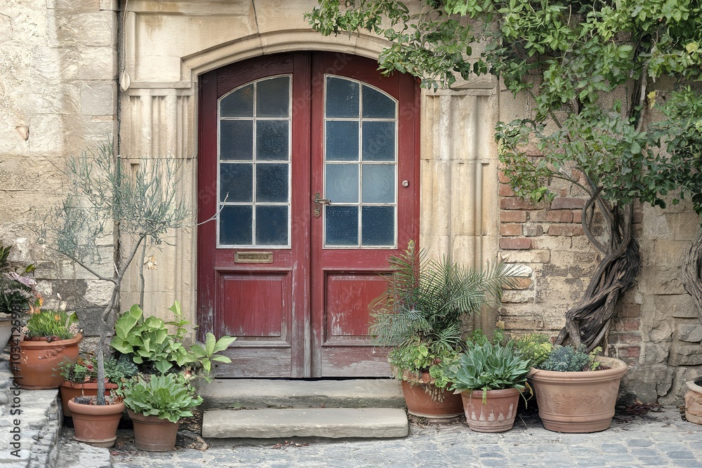 An old wooden red door with glass panes in a stone building, surrounded by potted plants and greenery An old wooden red door with glass panes in a stone building, surrounded by potted plants and greenery