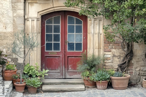 An old wooden red door with glass panes in a stone building, surrounded by potted plants and greenery