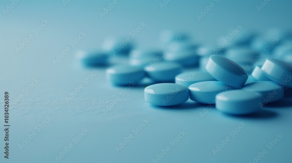Blue circular pills scattered on a light blue surface, representing medication or health supplements Blue circular pills scattered on a light blue surface, representing medication or health supplements