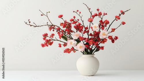 Elegant flower arrangement in a white vase on a neutral background.