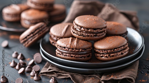 Delicious chocolate macarons arranged on a black plate with chocolate chips scattered on a wooden table