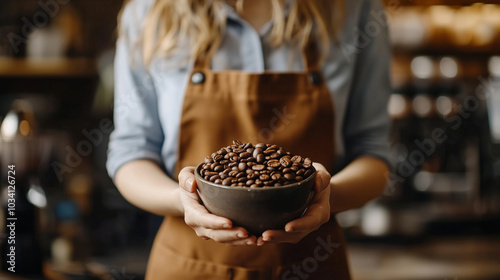 Młoda baristka w eleganckim fartuchu trzyma w dłoniach świeżo palone ziarna kawy, gotowa przygotować aromatyczną kawę dla gości.
 photo