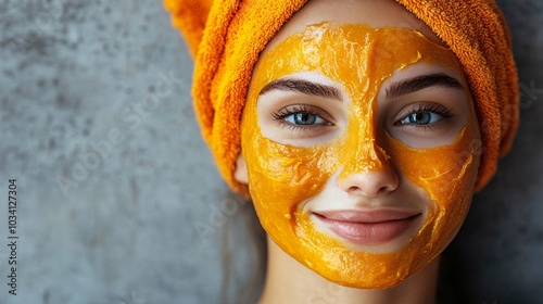 A young woman smiles with a vibrant orange clay mask on her face, wrapped in an orange towel, enjoying a skincare routine.