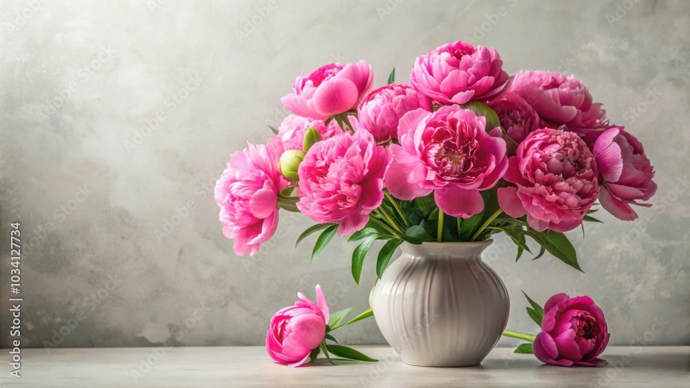 A vibrant bouquet of pink peonies arranged in a white ceramic vase, creating a delicate and elegant floral display against a simple grey background. A vibrant bouquet of pink peonies arranged in a white ceramic vase, creating a delicate and elegant floral display against a simple grey background.