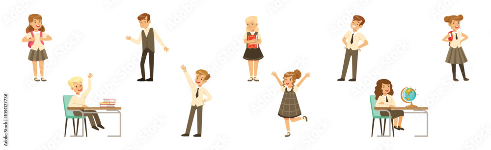 Cute Boy and Girl Character in School Uniform Vector Set Cute Boy and Girl Character in School Uniform Vector Set