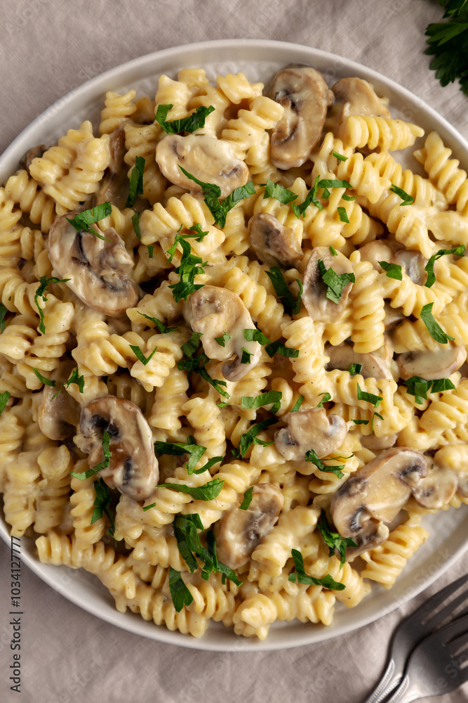 Homemade Mushroom Stroganoff on a Plate, top view. Flat lay, overhead, from above.