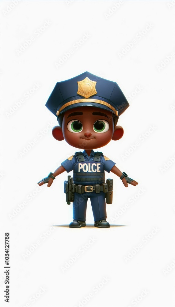 Fototapeta premium 3d stylized of an African boy as a policeman. posing facing the camera, wearing a police uniform. Isolated on White background