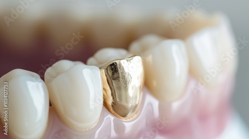A close-up view of a dental crown placed on a tooth, showcasing its gold finish in a clinical setting