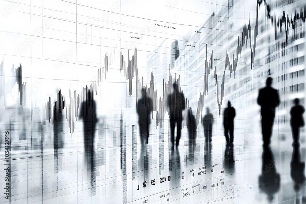 Silhouettes of People Walking in Front of a Stock Market Chart on a Glass Wall Silhouettes of People Walking in Front of a Stock Market Chart on a Glass Wall