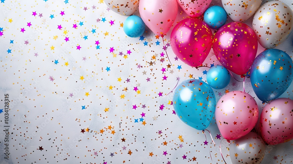 Colorful balloons and confetti scattered on a white background, creating a festive and celebratory atmosphere. Colorful balloons and confetti scattered on a white background, creating a festive and celebratory atmosphere.