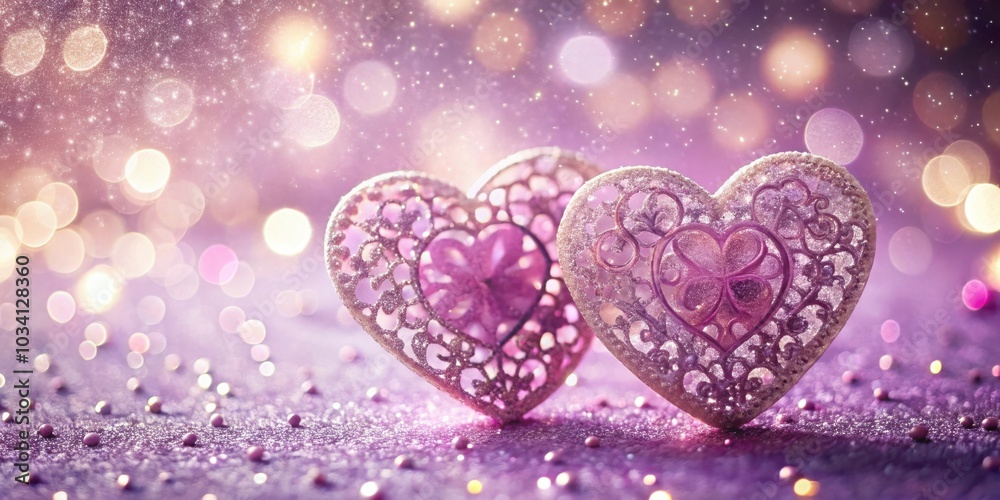 Two delicate, glittery hearts rest on a bed of sparkling glitter, bathed in a soft, purple glow, with bokeh lights adding a magical touch. Two delicate, glittery hearts rest on a bed of sparkling glitter, bathed in a soft, purple glow, with bokeh lights adding a magical touch.