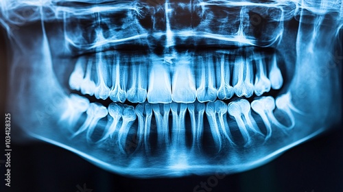 A detailed dental X-ray displaying the arrangement and condition of teeth, highlighting their structure with a blueish hue.