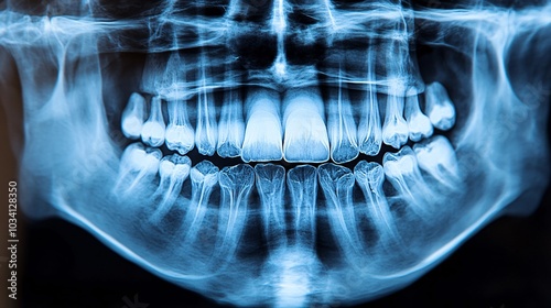 X-ray image of a full set of teeth, showcasing dental structures and alignment clearly.