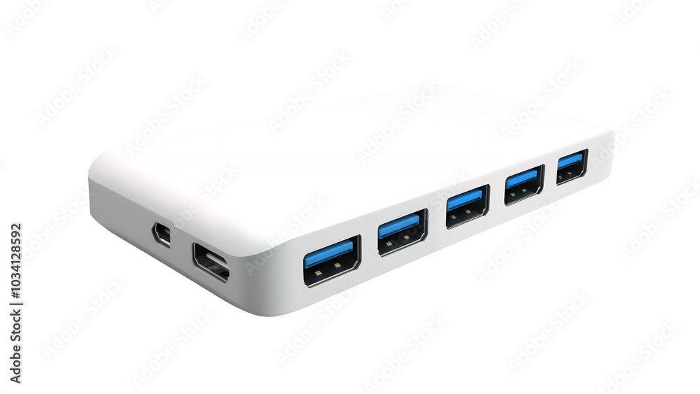A compact USB hub with multiple ports isolated on a transparent background, PNG A compact USB hub with multiple ports isolated on a transparent background, PNG