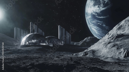 Fototapeta Naklejka Na Ścianę i Meble -  Futuristische Mondbasis unter Sternenhimmel. Kuppeln und Module auf grauer Oberfläche. Erde am Horizont. Sci-Fi-Vision naher Zukunft