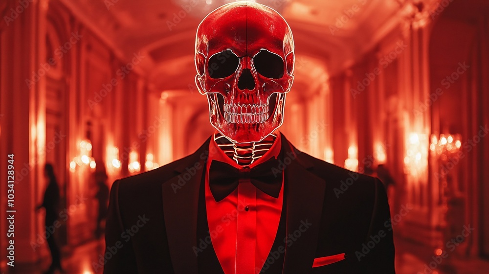 A humanoid figure in a dark suit with a glowing red skull stands in a lavishly lit corridor, exuding an eerie yet stylish ambiance. A humanoid figure in a dark suit with a glowing red skull stands in a lavishly lit corridor, exuding an eerie yet stylish ambiance.