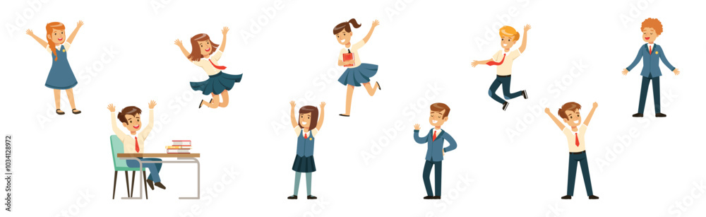 Cute Boy and Girl Character in School Uniform Vector Set