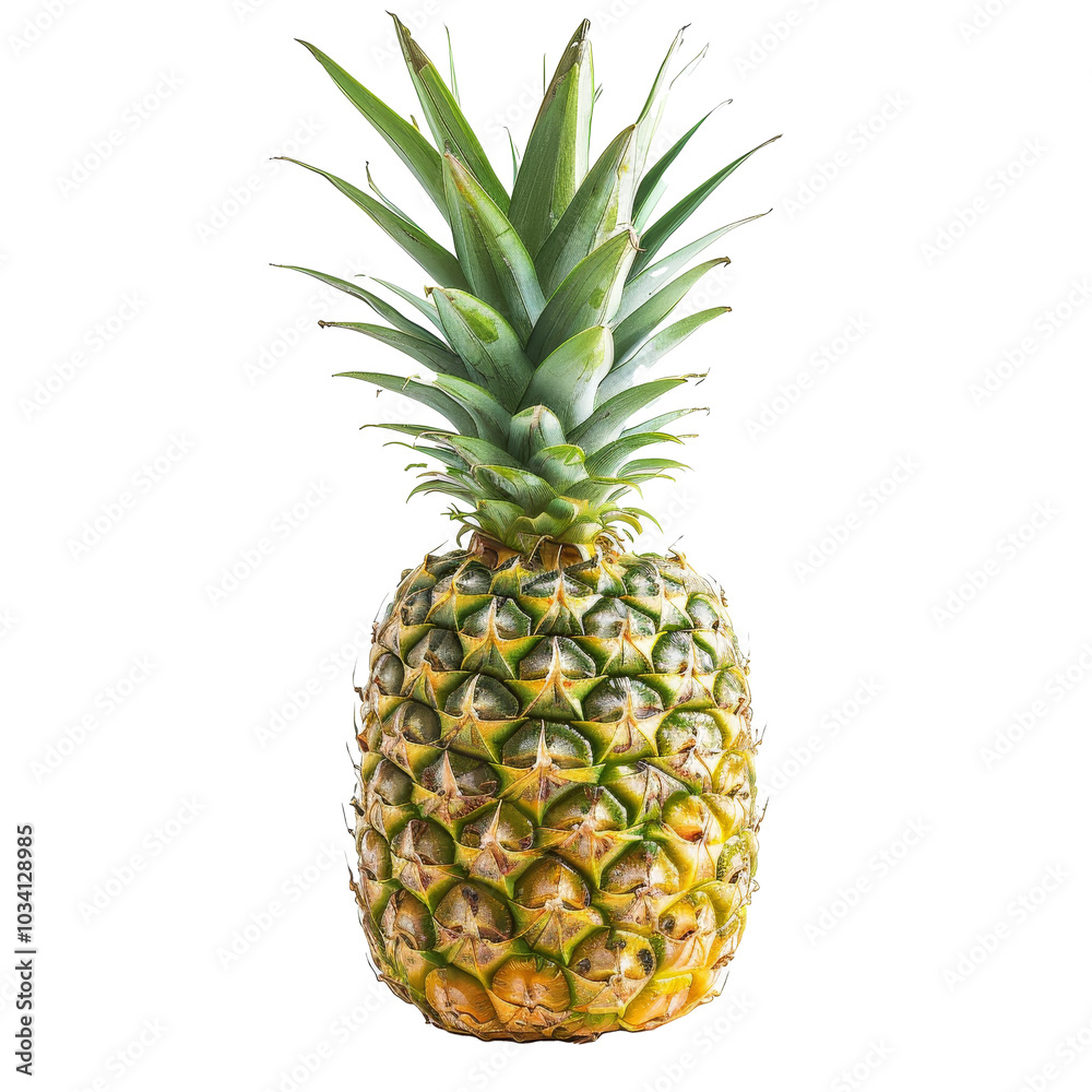 Fototapeta premium Freshly harvested pineapple with vibrant green leaves, displaying its textured yellow skin against a transparent background