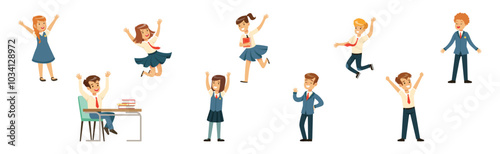 Cute Boy and Girl Character in School Uniform Vector Set