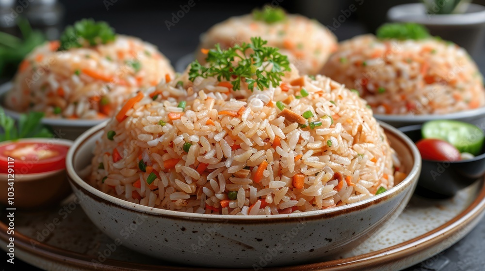 Delicious home cooked vegetable rice served on a table with fresh garnishes and side dishes Delicious home cooked vegetable rice served on a table with fresh garnishes and side dishes