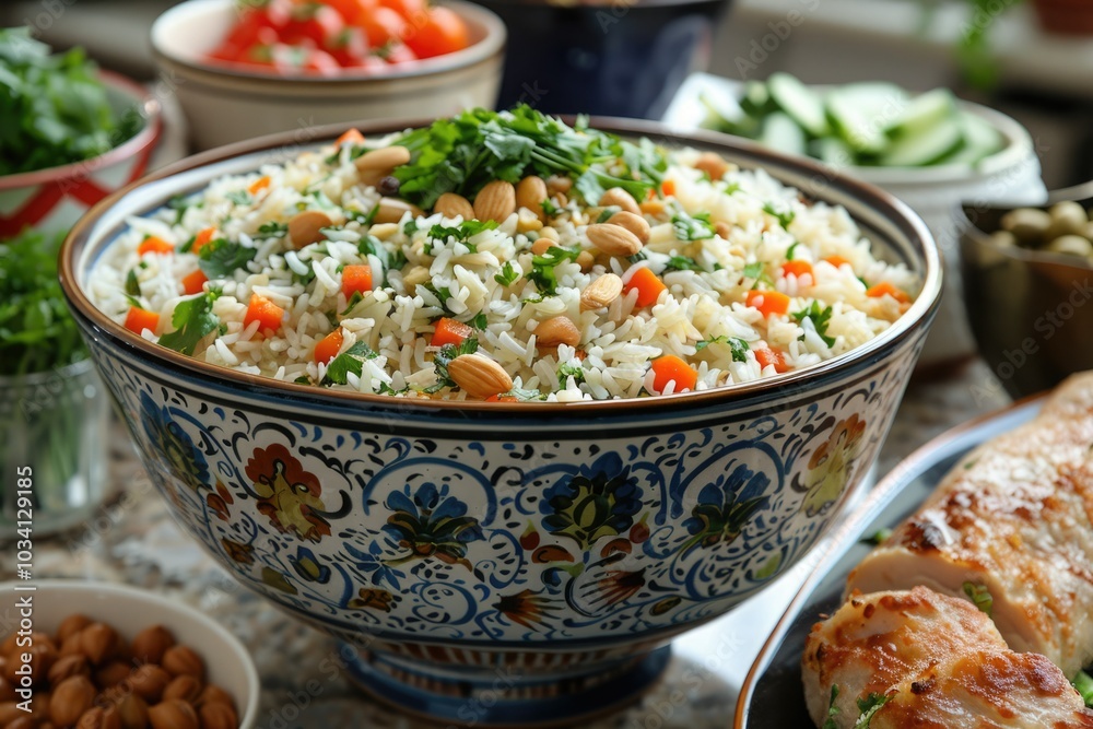 Colorful rice dish with vegetables and herbs arranged on a table for a festive gathering