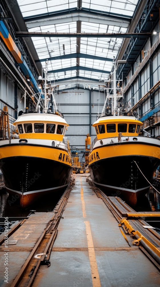 Two enormous warships stand side by side in a dry dock, showcasing their imposing structures against a dramatic, cloudy backdrop.