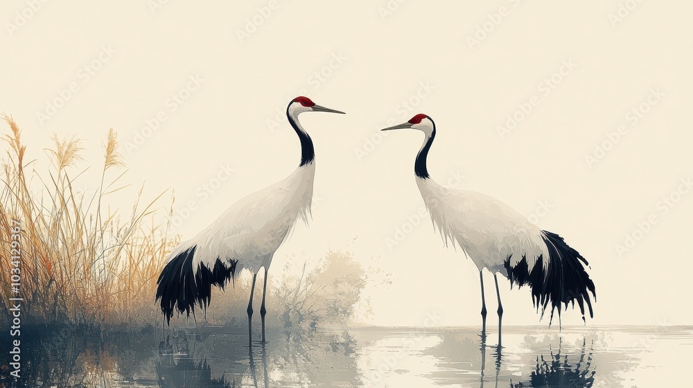 Obraz premium Two red-crowned cranes stand in water.
