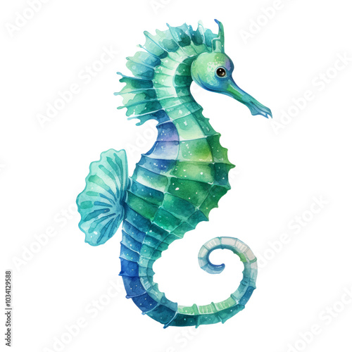 green seahorse watercolor isolated on transparent background cutout photo