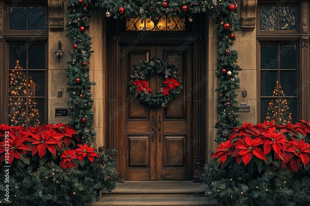 A stunning entrance features a decorative wreath, shimmering lights, and vibrant poinsettias, celebrating the joy of the holiday season A stunning entrance features a decorative wreath, shimmering lights, and vibrant poinsettias, celebrating the joy of the holiday season