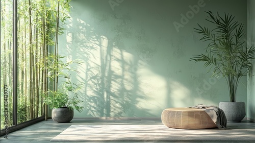 Minimalist room with bamboo and a wicker stool.