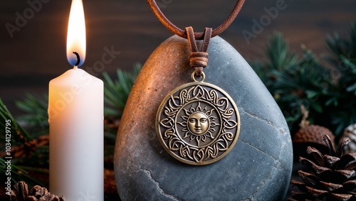  Amulet of the sun on a stone altar with a candle photo