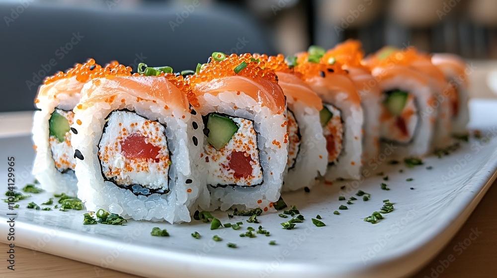 A beautifully presented plate of sushi rolls featuring fresh salmon, avocado, and vibrant roe, garnished with green chives for added flavor. A beautifully presented plate of sushi rolls featuring fresh salmon, avocado, and vibrant roe, garnished with green chives for added flavor.